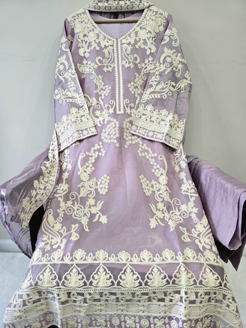 Lavender Embroidered Lama Silk with Cream Lace Detail
